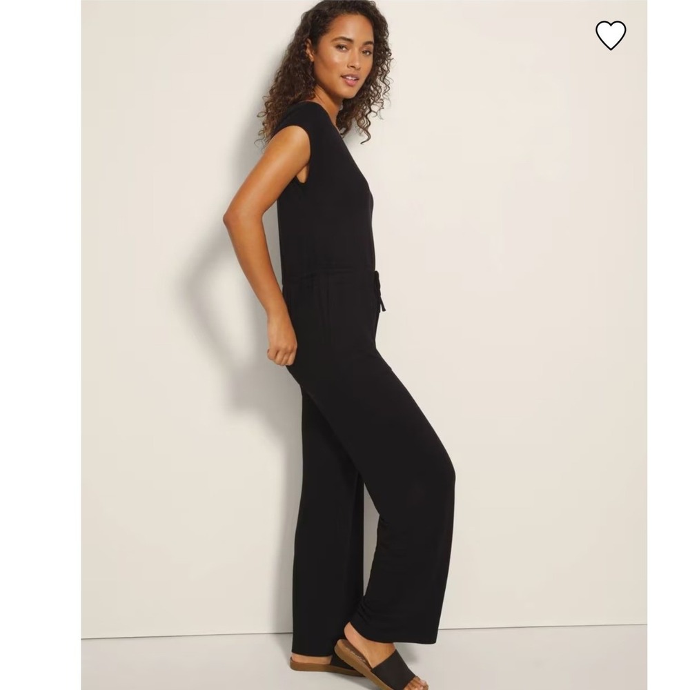 Soma Sunday Lounge Jumpsuit Black V-Neck Wide‎ Leg Drawstring Pockets Small - Picture 14 of 14